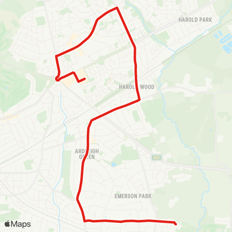 TfL Emerson Pk Sch - Parkstone Av - Ardleigh Green - Harold Wood - Gallows Corner, Tesco map