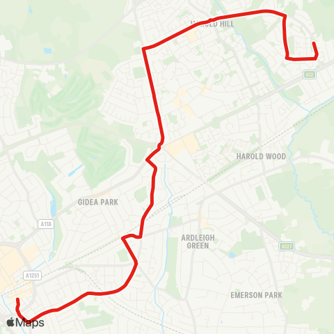 TfL Dagnam Pk Dr - Harold Hill - Gallows Corner - Gidea Pk - Romford map