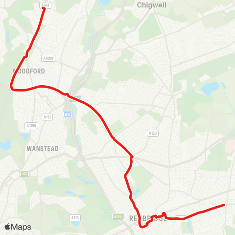 TfL Bancroft's Sch - Woodford Green - Charlie Brown'S Roundabout - Ilford - Goodmayes, Goodmayes Ln map