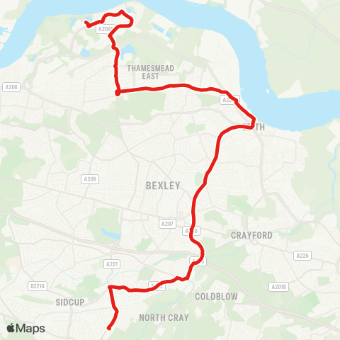 TfL Thamesmead - Abbey Wood - Belvedere - Erith - Northumberland Heath - Barnehurst - Bexley - Cleeve Pk Sch map