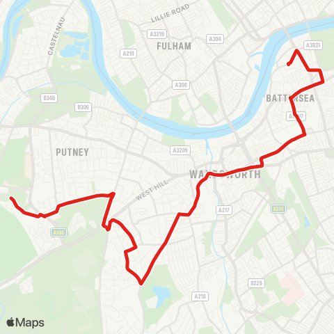 TfL Roehampton, Danebury Av - Putney Heath - Southfields - Wandsworth - Clapham Jct - Battersea - Battersea, St John Bosco Coll map