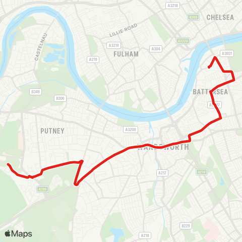 TfL Roehampton, Danebury Av - Putney Heath - W Hill - Wandsworth - Clapham Jct - Battersea - Battersea, St John Bosco Coll map