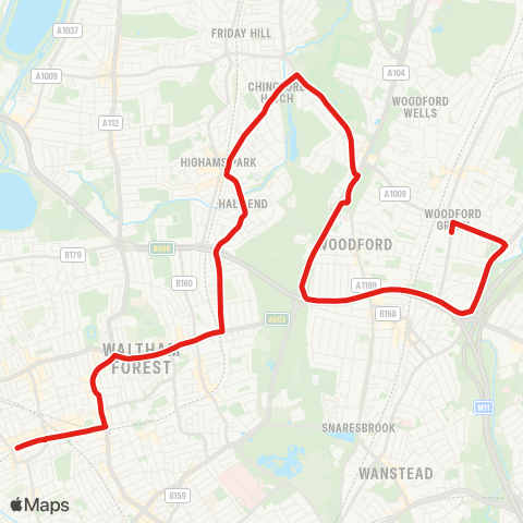 TfL Walthamstow, St James St - Walthamstow Central - Highams Pk - Woodford Green - Woodbridge HS map