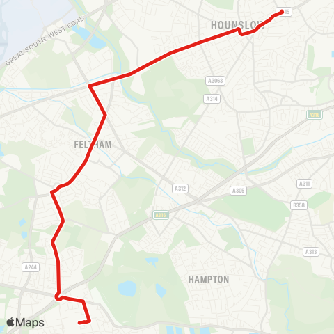 TfL Sunbury, St Paul's Sch - Lower Feltham - Feltham - Hounslow Heath - Hounslow, Bus Sta map
