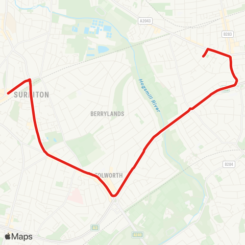 TfL Surbiton Sta - Broomfield Rd - Tolworth - New Malden - Holy Cross Sch map