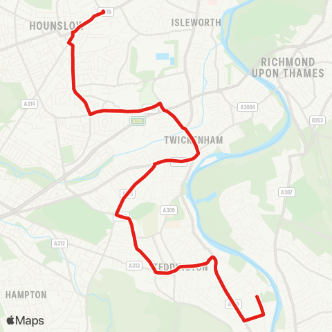 TfL Hounslow - Whitton - Twickenham - Fulwell - Teddington Sch map