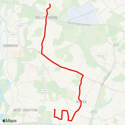 TfL Hayes, Bourne Av - Hayes & Harlington Sta - Church Rd - Hayes End - Hillingdon Sta - Long Ln - Ickenham map