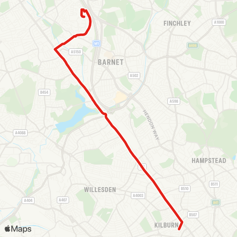 TfL Grahame Pk, Corner Mead - Colindale - W Hendon - Staples Corner - Cricklewood Bway - Brondesbury - Kilburn - Kilburn Pk map