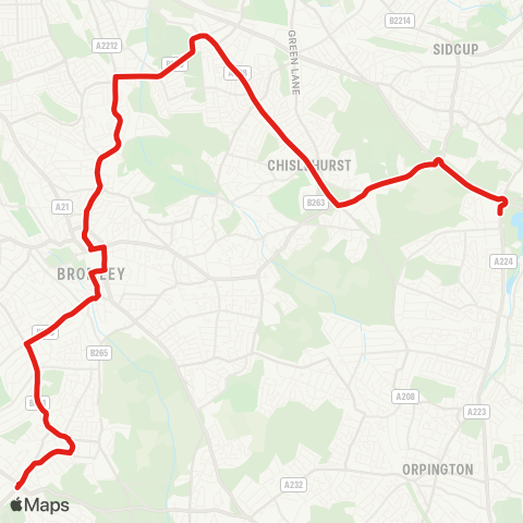 TfL Coney Hall - Bromley Town Ctr - Grove Pk - Chislehurst - Kemnal Tech Coll / Beaverwood Sch map