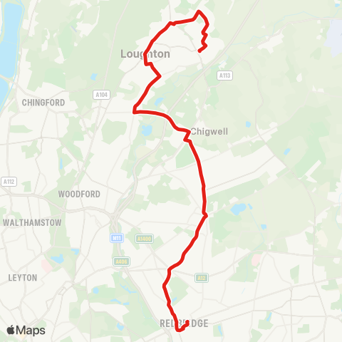 TfL Ilford - Barkingside - Chigwell - Buckhurst Hill - Debden map