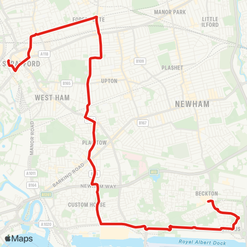 TfL Stratford - Upton Ln - Plaistow - Prince Regent - Beckton, Bus Sta map