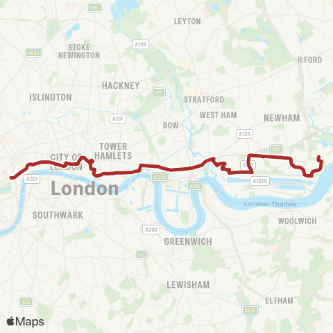 TfL Trafalgar Square - Aldgate - Canning Town - Custom House - Gallions Reach, Shopping Pk map