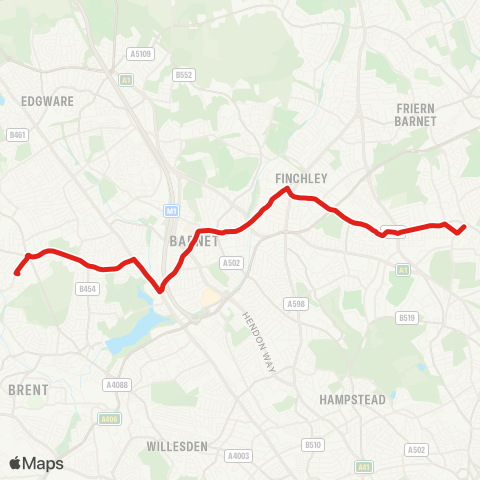 TfL Muswell Hill - Finchley Central - Hendon - W Hendon - Kingsbury map