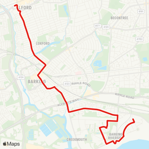 TfL Ilford Sta - Barking - Movers Ln - Thames View Estate - Barking Riverside map
