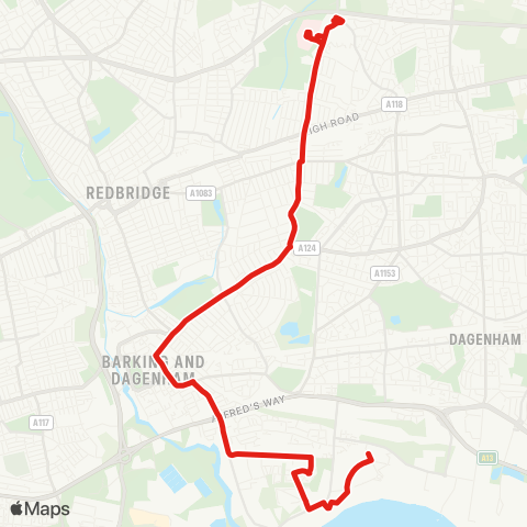 TfL Little Heath - Goodmayes - Barking - Rippleside - Barking Riverside map