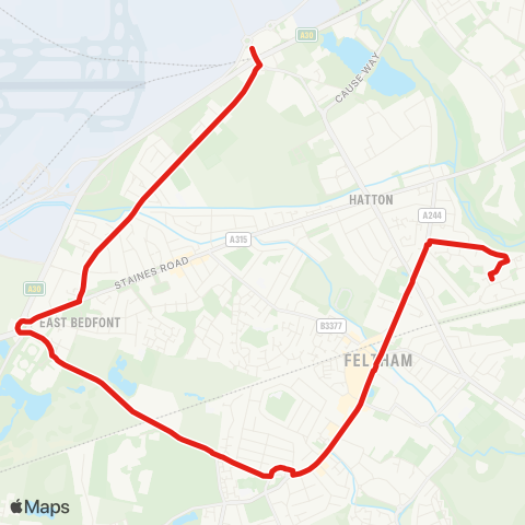TfL Feltham, Sparrow Farm - Guildford Av - Bedfont Lakes - Bedfont Green - Hatton Cross Sta map