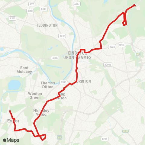 TfL Roehampton Vale - Kingston Hosp - Norbiton - Kingston - Surbiton - Hinchley Wood - Claygate - Esher map