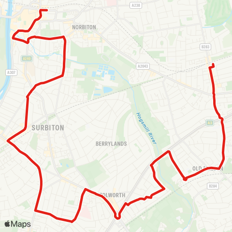 TfL New Malden Sta - Malden Manor Sta - Tolworth - Surbiton - Kingston map