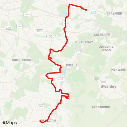 TfL Bexleyheath Library - Danson Rd - Blendon - Albany Pk - Sidcup - Queen Marys Hosp - St Mary Cray High St - Orpington Sta map