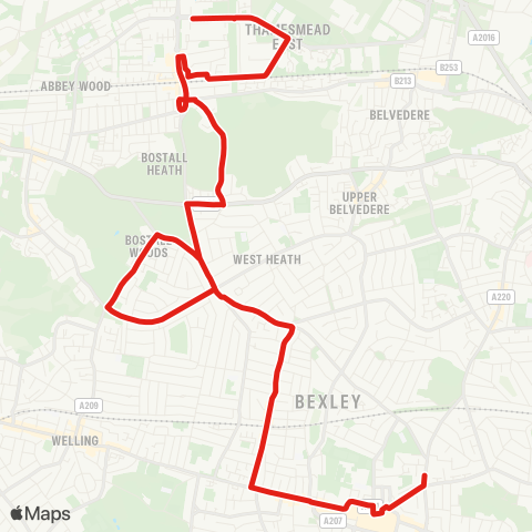 TfL Bexleyheath, Bus Garage - Bexleyheath Sta - New Rd - Abbey Wood - S Thamesmead, Yarnton Way map