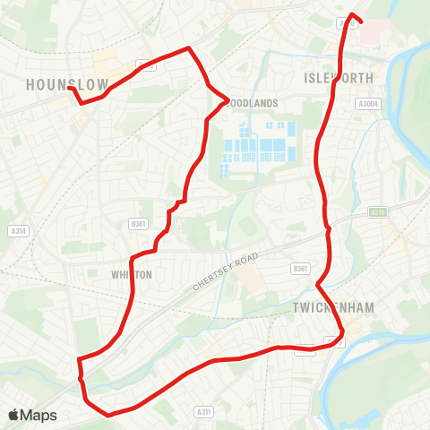 TfL Hounslow, Bell Corner - Hounslow Town Ctr - Twickenham - Isleworth War Mem - Isleworth, W Middlesex Hosp map