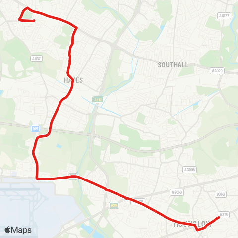 TfL Hounslow, Bus Sta - Cranford - Harlington - Hayes & Harlington Sta - Hayes End map