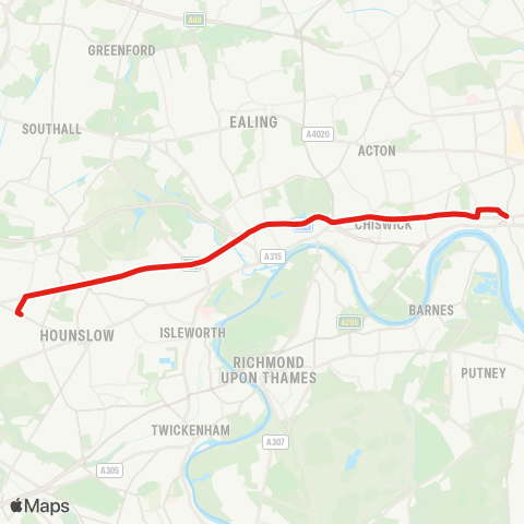 TfL Hounslow W Sta - Osterley Sta - Gillette Corner - Great W Rd - Chiswick Roundabout - Gunnersbury - Turnham Green - Stamford Brook - Ravenscourt Pk - Hammersmith, Bus Sta map