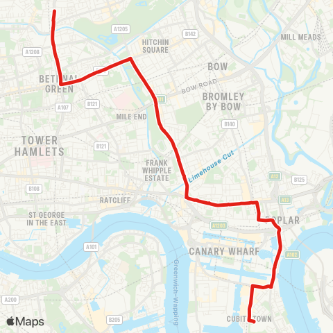 TfL Ash Grove - Cambridge Heath - Bethnal Green - Mile End - Poplar - Crossharbour map