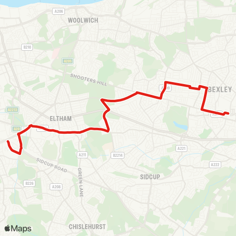 TfL Bexleyheath, Shopping Ctr and Sta - Welling - Falconwood - Eltham Town Ctr and Green - Horn Pk map