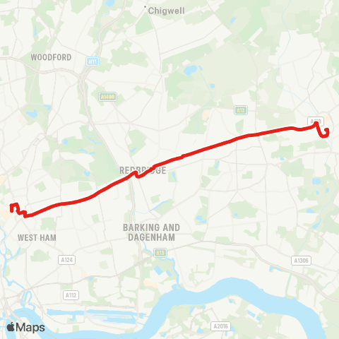 TfL Stratford City - Forest Gate - Manor Pk - Ilford - Seven Kings - Goodmayes - Chadwell Heath - Romford map