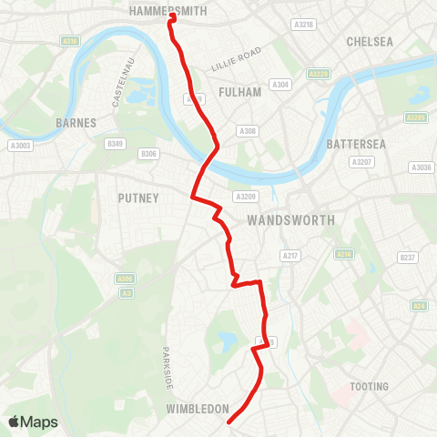 TfL Wimbledon - Hammersmith map