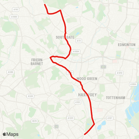 TfL Finsbury Pk - Wood Green - Arnos Grove (Night Journeys to Cockfosters) - New Southgate Open map