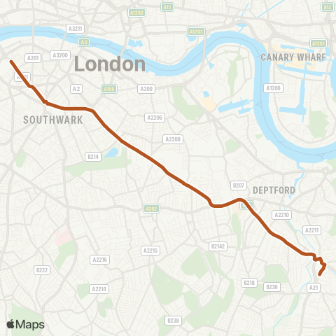 TfL Lewisham, Shopping Ctr - New Cross Gate - Old Kent Rd - Elephant & Castle - Waterlioo map