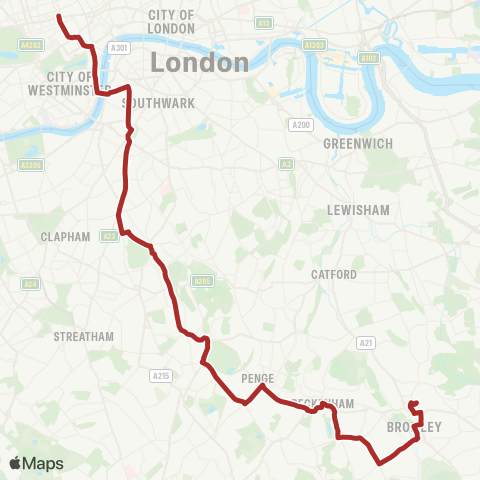 TfL Oxford Circus - Westminster - Brixton - Crystal Palace - Bromley S & N map