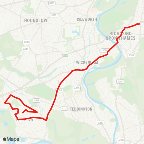 TfL Hampton, The Av - Hampton Wick - Fulwell - Twickenham - Richmond, Manor Circus map