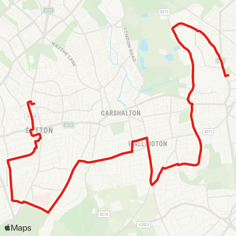 TfL Waddon Marsh - Beddington - Roundshaw - Wallington - Stanley Pk - Royal Marsden Hosp - Belmont - Sutton Sta and Town Ctr map