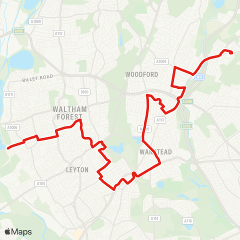 TfL Walthamstow, Coppermill Ln - Whipps Cross Hosp - Leytonstone - Snaresbrook - Woodford Bridge map