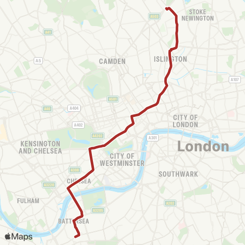 TfL Finsbury Pk Sta - Holborn - Piccadilly Circus - Sloane Square - Clapham Jct map