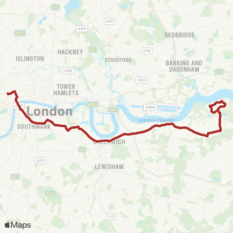 TfL Tottenham Court Rd - Waterloo - Greenwich - Woolwich - Thamesmead map