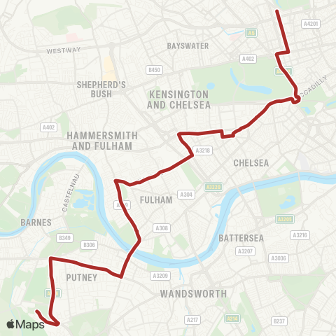 TfL Roehampton, Danebury Av - Putney - Earls Court - Marble Arch - Baker St Sta map