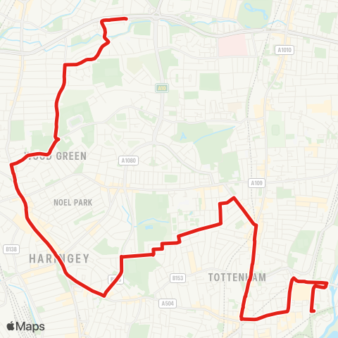 TfL Oakthorpe Pk - Wood Green - Downhills Pk - Bruce Grove - Tottenham Hale, Ferry Ln map
