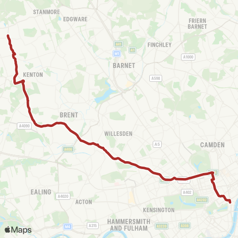 TfL Harrow Weald, Bus Garage - Wealdstone - Wembley - Baker St Sta - Trafalgar Square map