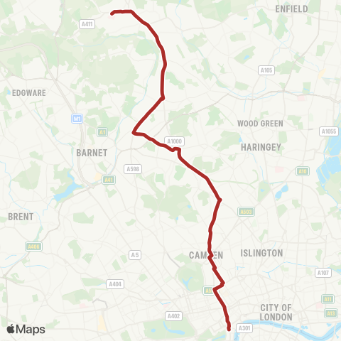 TfL Barnet Hosp - Whestone - Archway - Camden Town - Trafalgar Square map