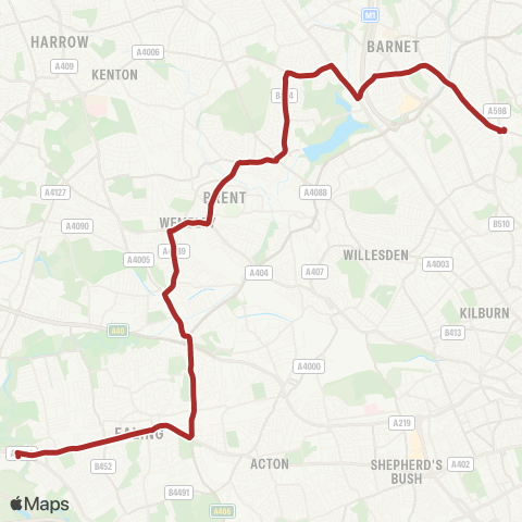 TfL Golders Green - Hendon, Central and W - Wembley Central - Ealing Bway - Ealing Hosp map