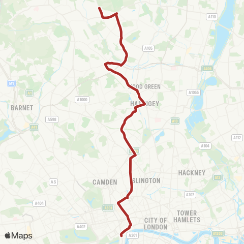 TfL Cockfosters - Southgate - Crouch End - King's Cross - Trafalgar Square map