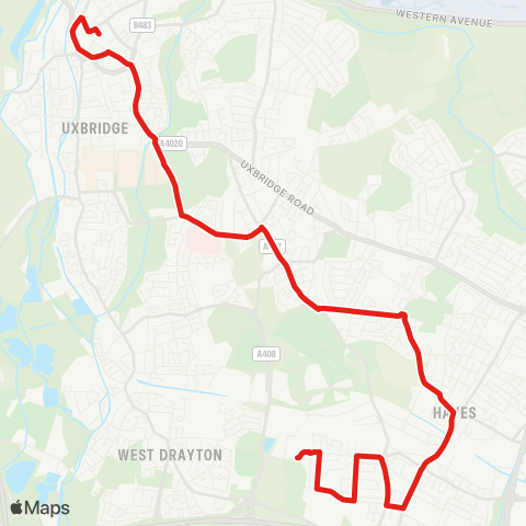 TfL Hayes, Prologis Pk - Pinkwell - Hayes & Harlington Sta - Barra Hall Circus - Hillingdon Hosp - Kingston Ln - Uxbridge map