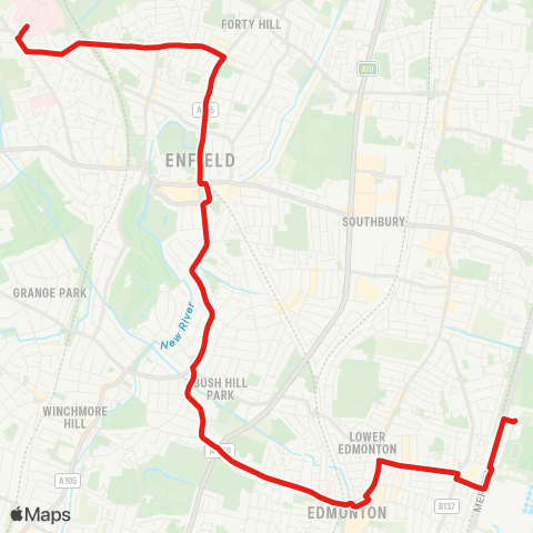 TfL Chase Farm Hosp - Enfield - Church St - Edmonton Green - Picketts Lock, Lee Val Leisure Complex map