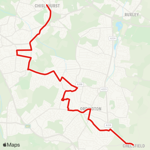 TfL Chelsfield Village - Orpington Town Ctr & Sta - Crofton - Bickley - Chislehurst map