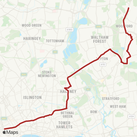 TfL Woodford Wells - Wanstead - Whipps Cross - Hackney Central - Oxford Circus map