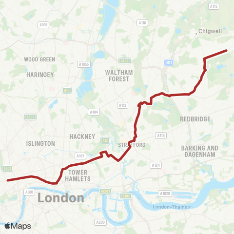 TfL Hainault, The Lowe - Wanstead - Stratford - Liverpool St - Oxford Circus map